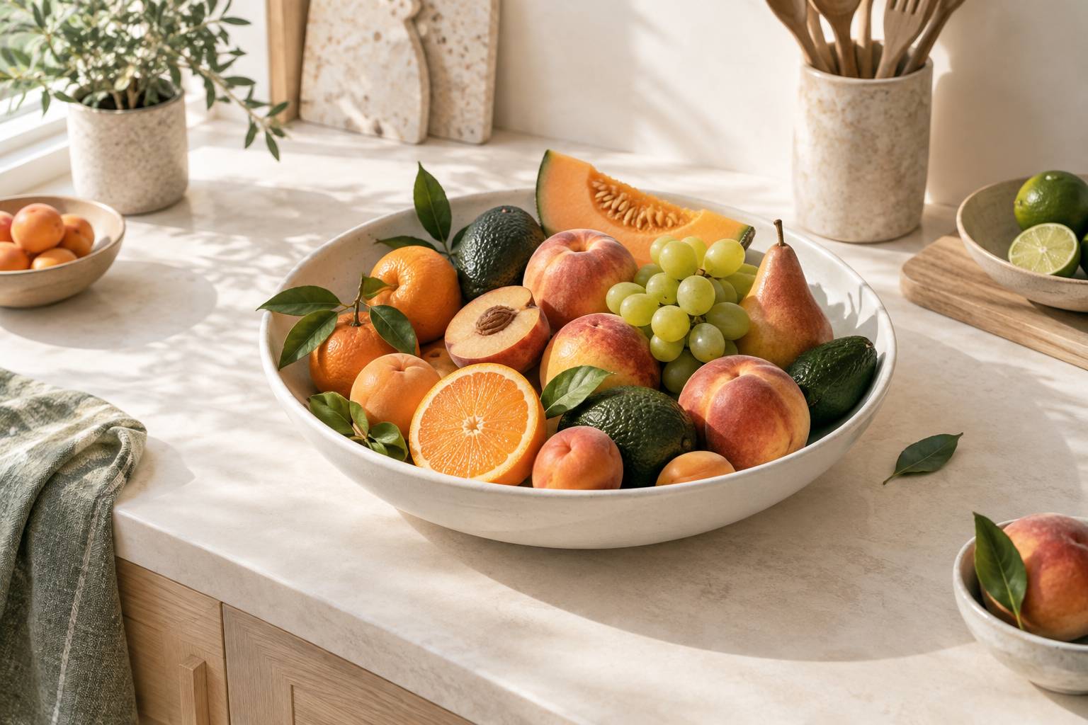 Fruits exotiques entiers et coupés en deux sur un plat en céramique blanche