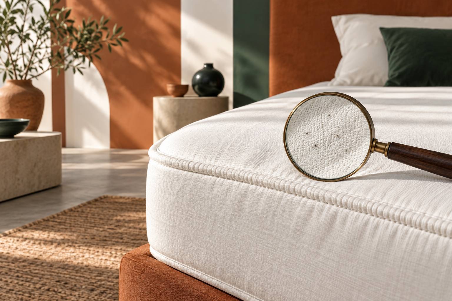 Gros plan sur une couture de matelas et une loupe posée sur un drap blanc