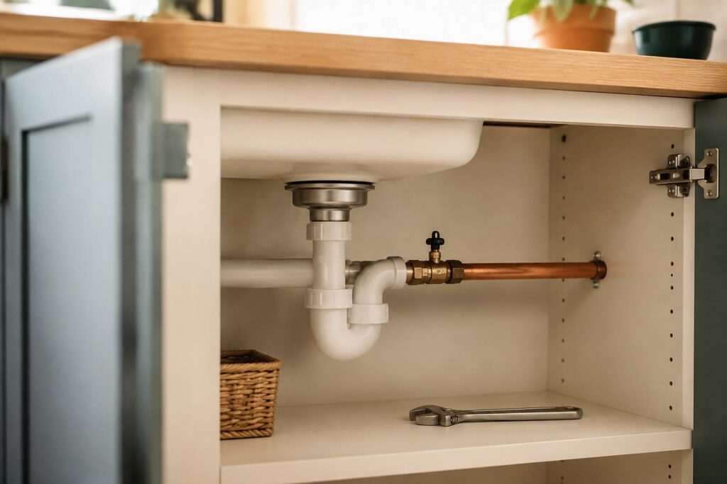 Vue large d'une installation de plomberie sous un évier de cuisine : tube en cuivre équipé d'un robinet autope