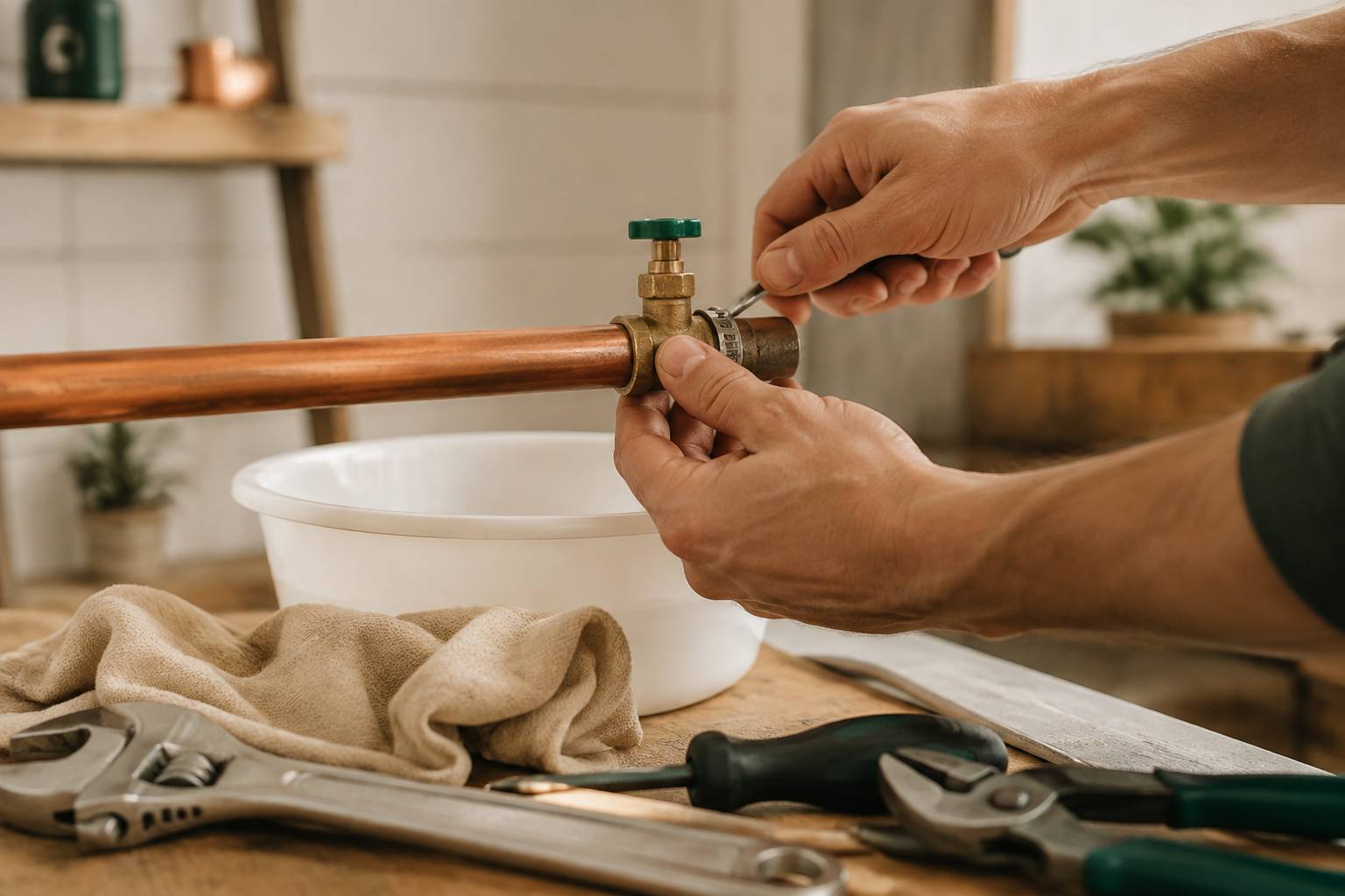Vue large rapprochée des mains d'un bricoleur (non identifiables) serrant le collier d'un robinet autoperceur 