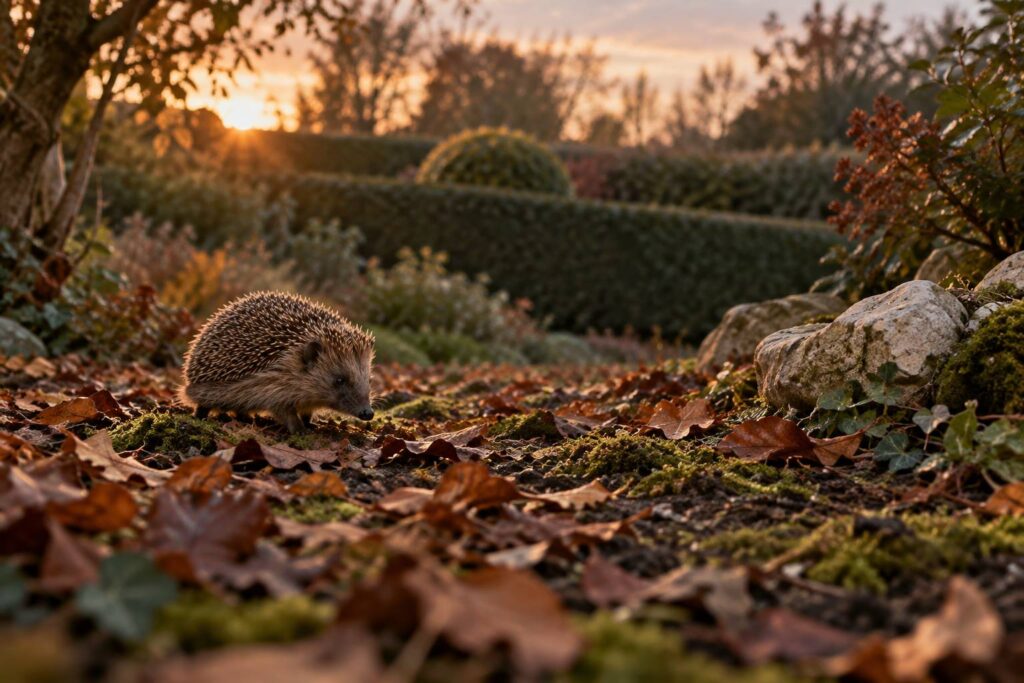 Hérisson sur un sol de feuilles mortes et de mousse dans un jardin au crépuscule