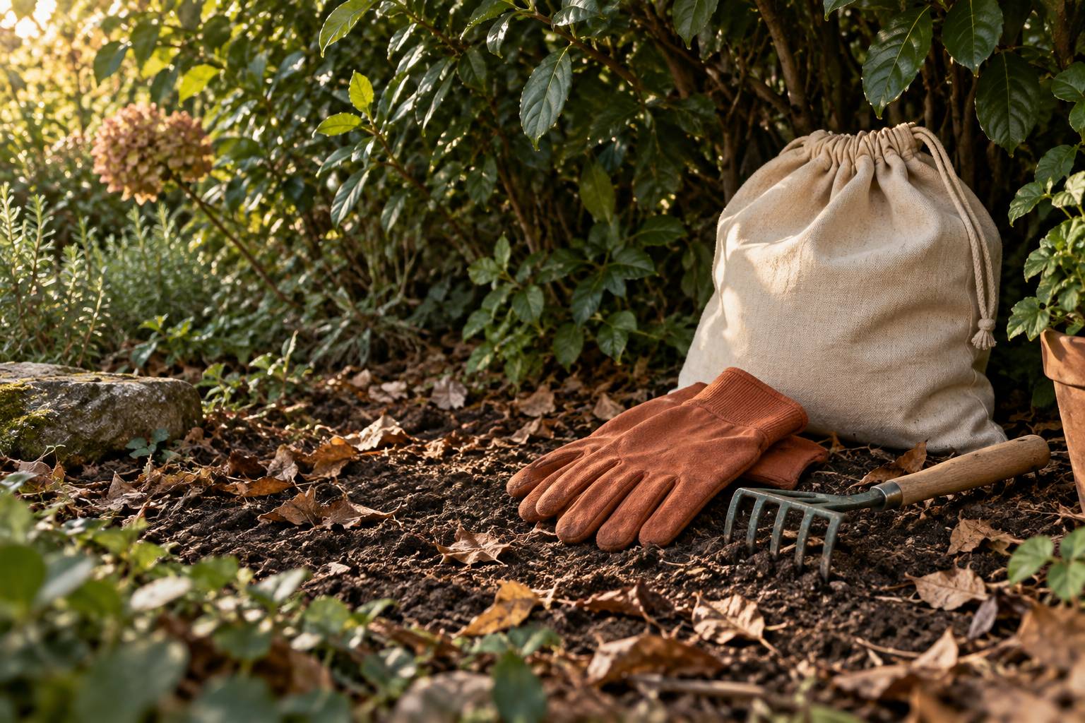 Gants de jardinage et sac de toile près d'une haie sur un sol de feuilles