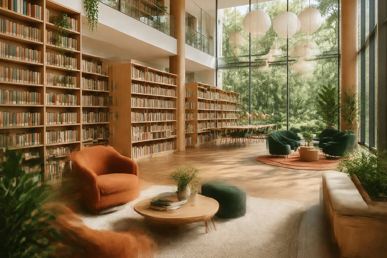 Intérieur de médiathèque avec rayonnages en bois et espace de lecture lumineux