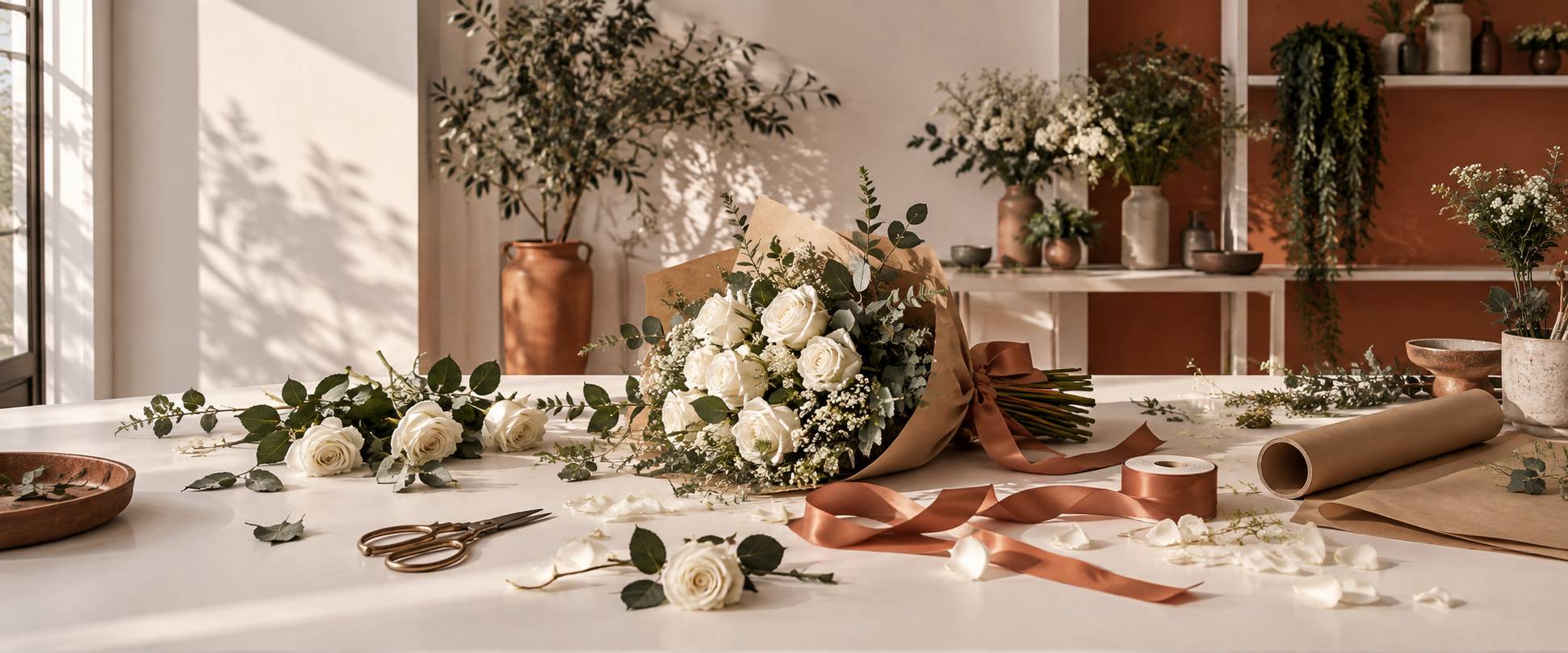 Bouquet de roses blanches dans un vase en verre transparent sur une table en bois