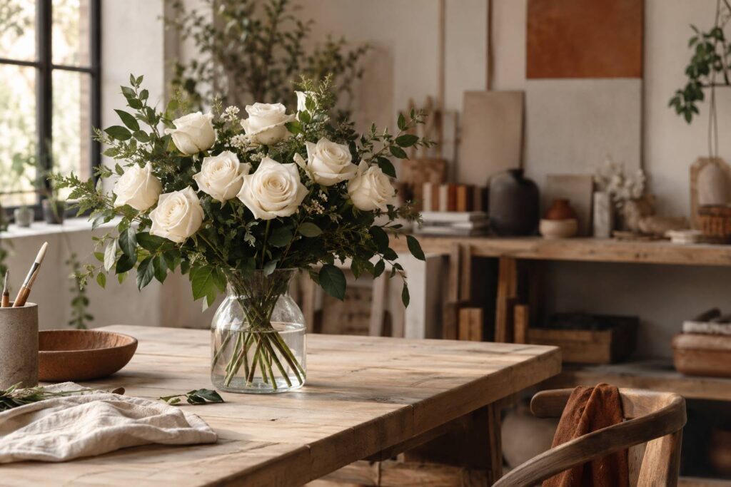 Bouquet de roses blanches dans un vase en verre transparent sur une table en bois