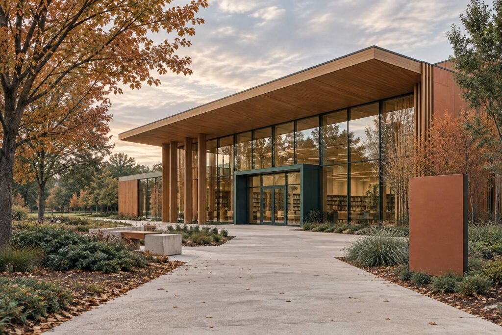 Façade de médiathèque contemporaine en bois et verre dans un parc