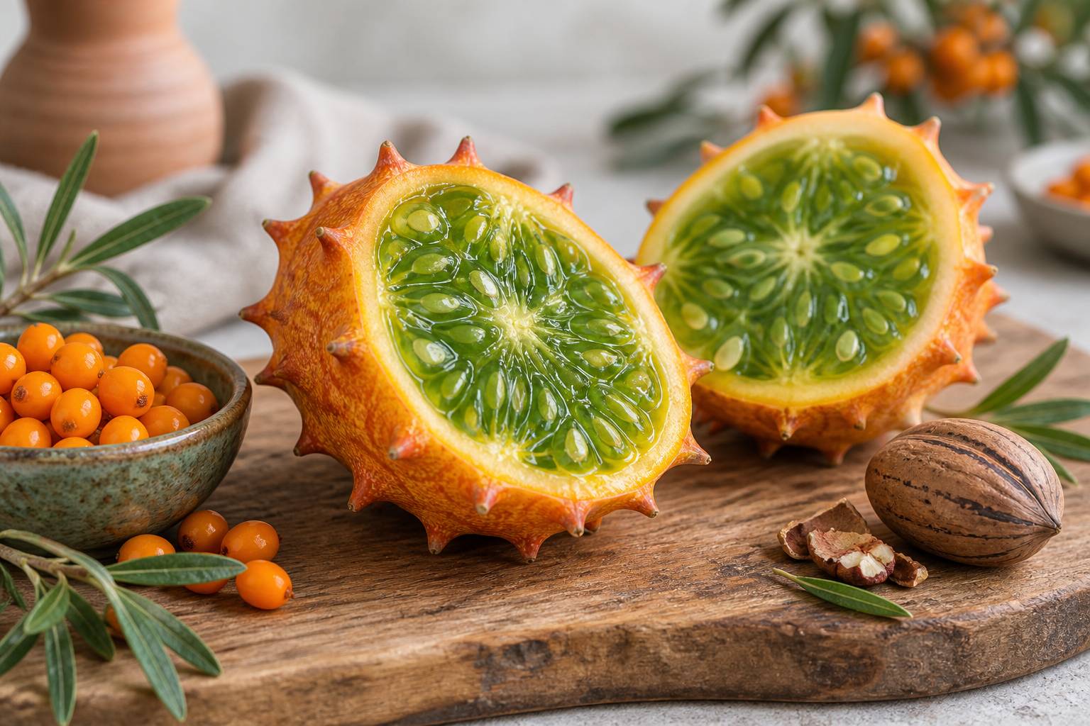 Melon cornu coupé en deux laissant voir sa pulpe verte et ses graines
