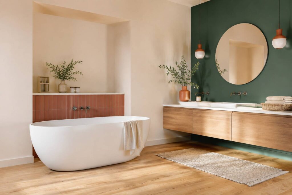 Salle de bain lumineuse avec parquet en bois clair posé et baignoire blanche