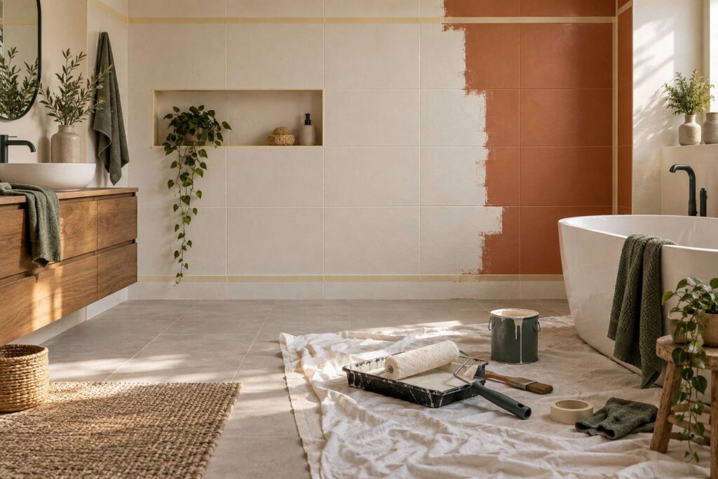 Carrelage mural mat a moitie repeint avec pinceau dans une salle de bains