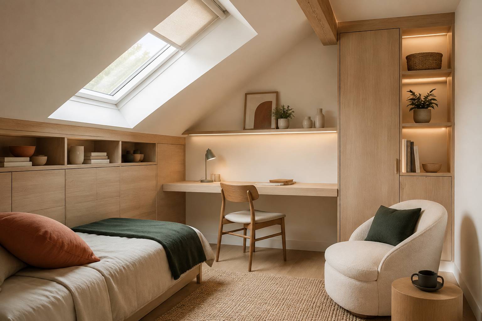 Chambre sous pente aménagée avec bois clair et rangements