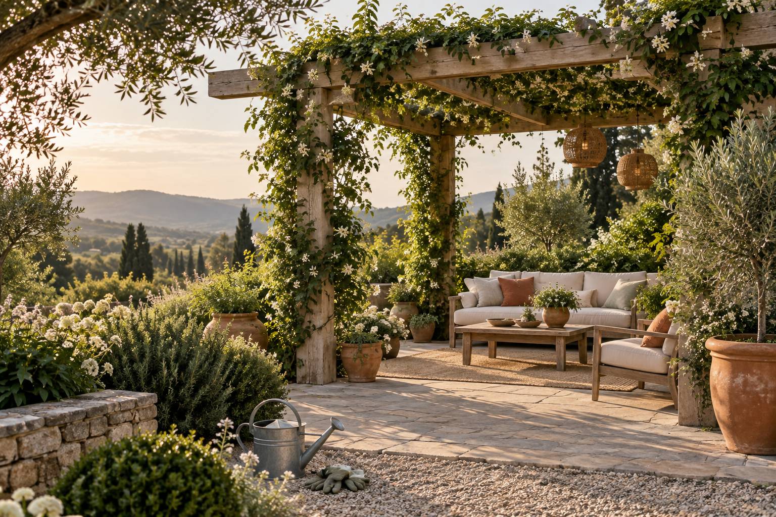 Pergola de jardin en bois clair avec plantes grimpantes palissées et arrosoir au sol