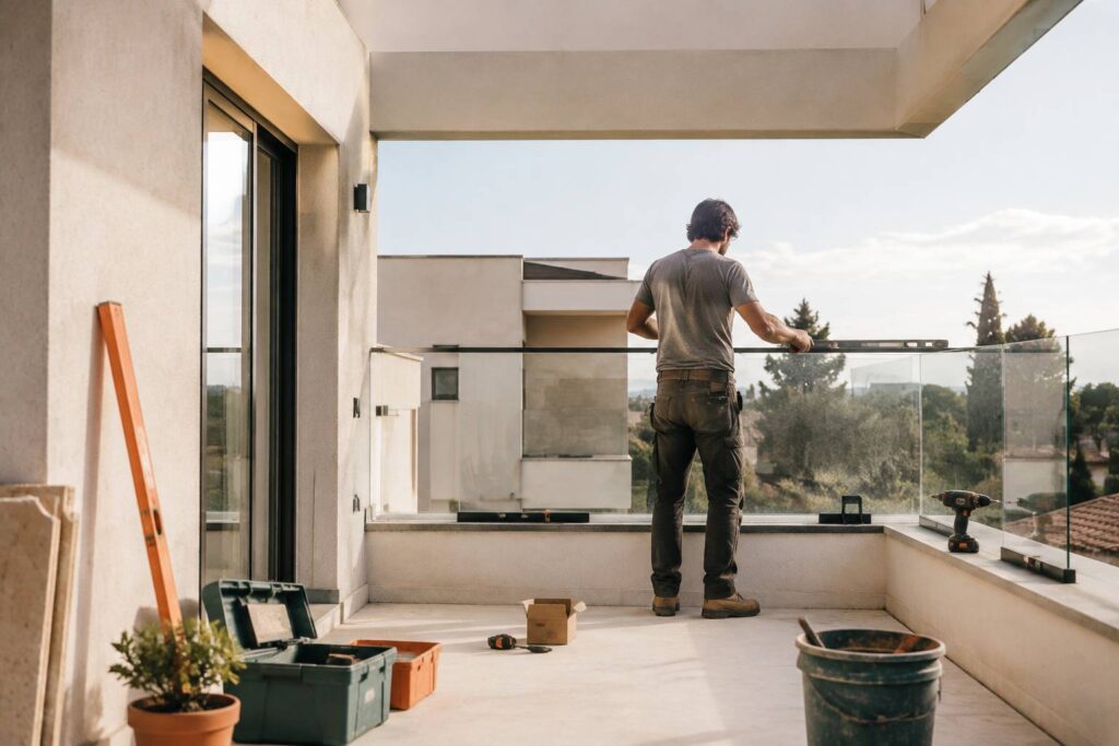 Artisan posant un garde-corps en verre sur un balcon contemporain