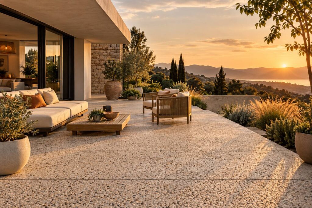 Terrasse extérieure en béton désactivé avec mobilier de jardin sobre
