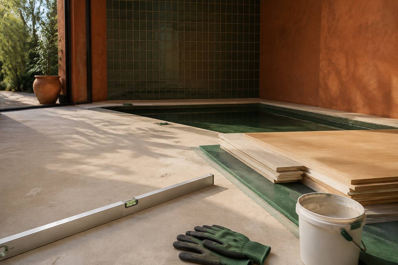 Support préparé avec lames de parquet, niveau et sous-couche pour une pose collée