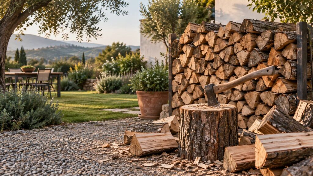 Tas de bûches de bois de chauffage de 50 cm empilées dans un jardin
