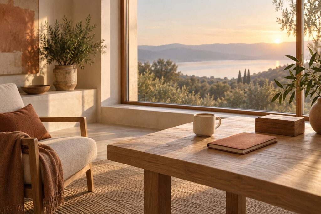 Table en bois clair près d'une fenêtre avec boîte fermée et plante verte