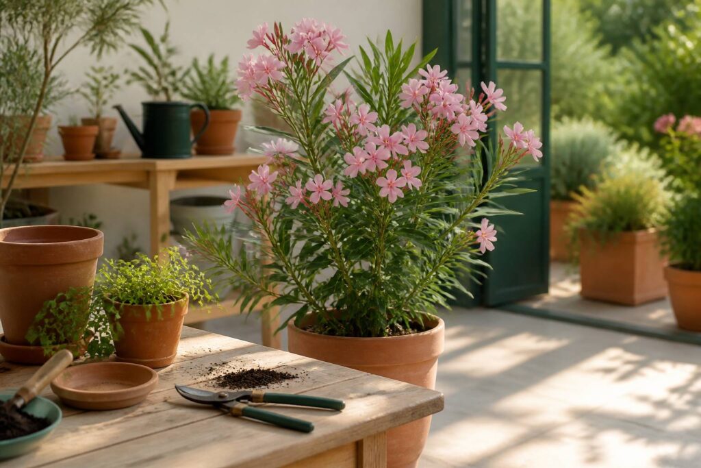 Laurier rose en pot avec fleurs roses sur une terrasse ensoleillée et sécateur posé à côté