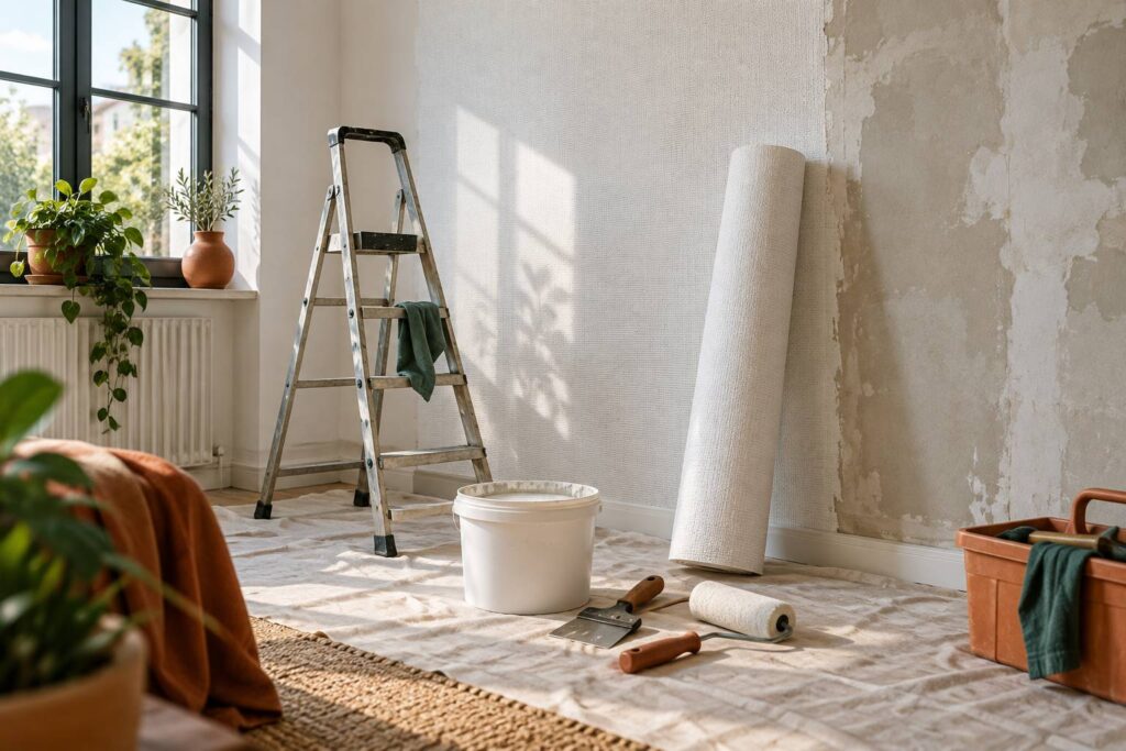 Rouleau de toile de verre posé contre un mur en cours de rénovation