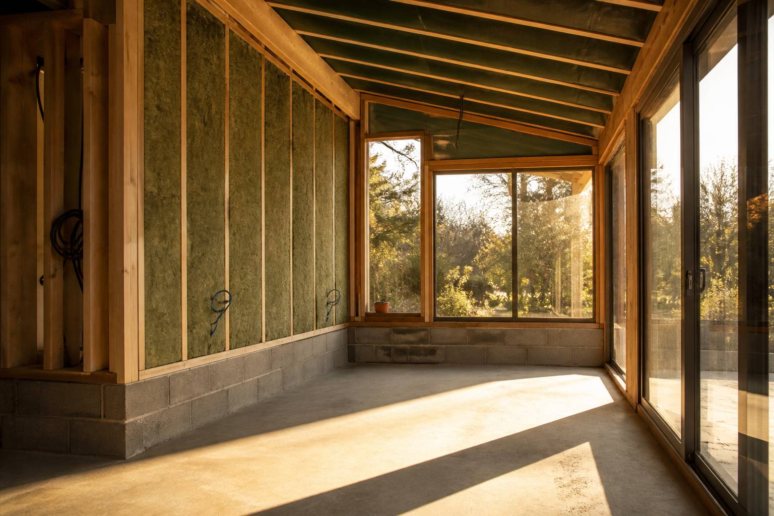 Angle de véranda à mur plein avec baies vitrées orientées sud et lumière rasante
