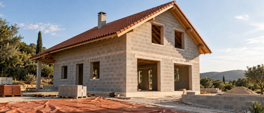 Maison en construction avec toiture posee et fenetres encore nues