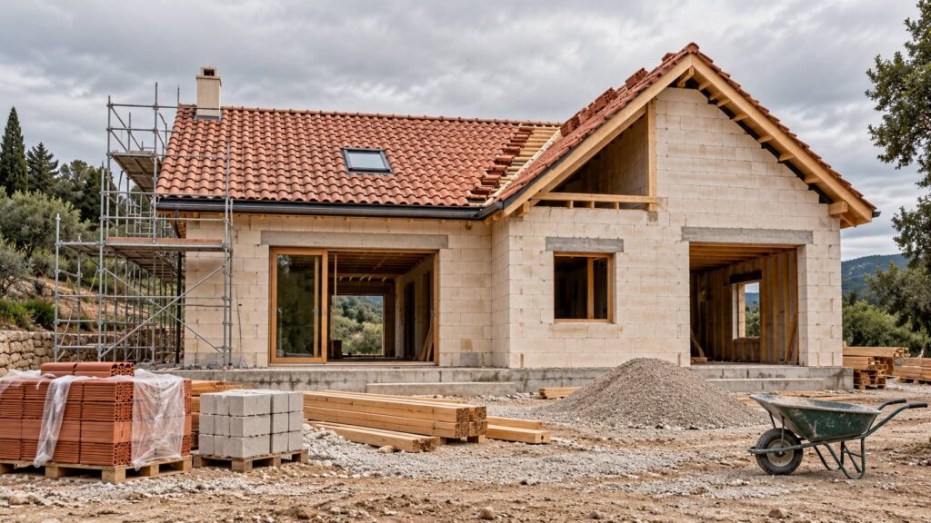 Maison en construction avec toiture achevee et menuiseries en cours de pose