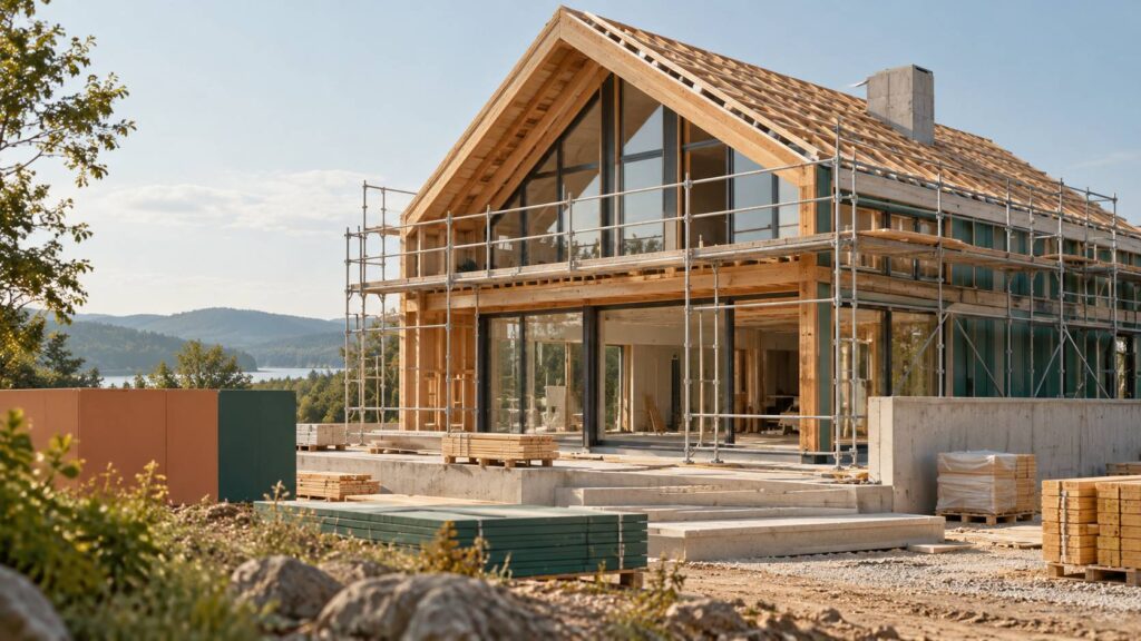 Maison en construction hors d'eau hors d'air avec ossature, toiture et fenêtres posées