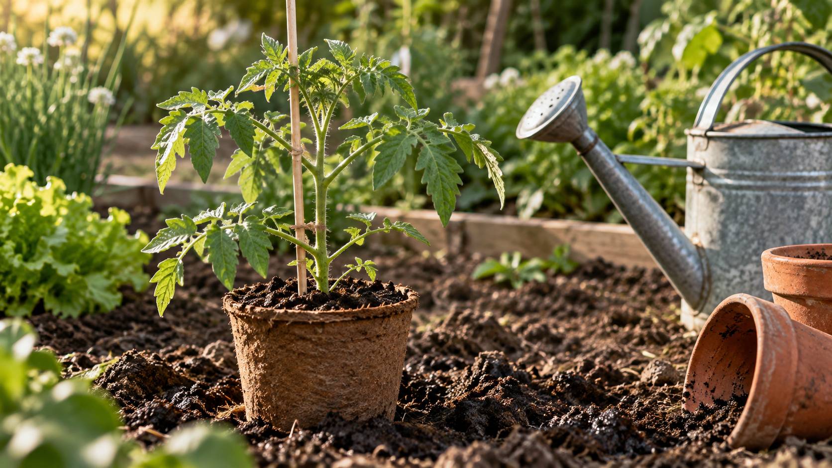 Jeune plant de tomate en godet avec terre humide et arrosoir
