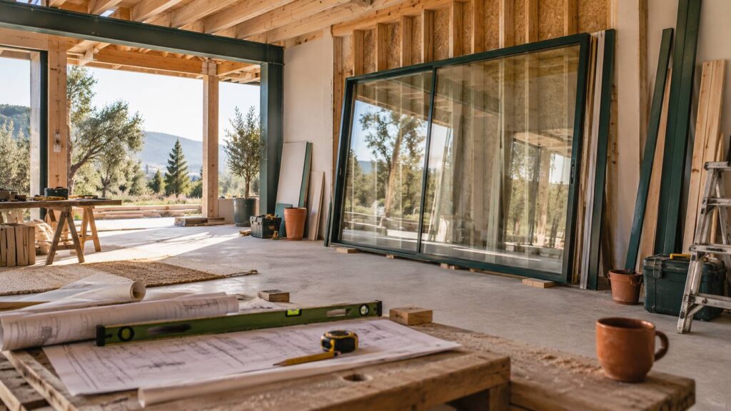 Intérieur de maison en construction avec baie vitrée et plans roulés