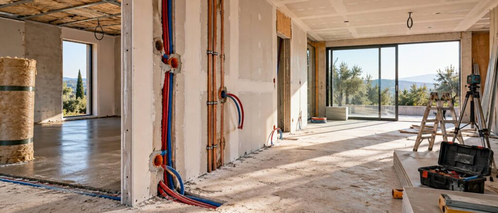 Cloison de platre avec gaines electriques et tubes cuivre dans une maison en second oeuvre
